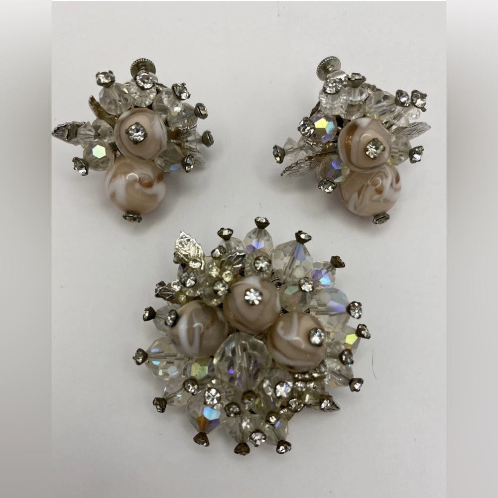 Vintage Vendome DESIGNER Brooch & Earrings Set Pink Swirl Art Glass & Crystal